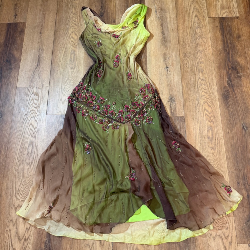 Vintage Y2K 100% Silk Beaded Dress Vintage Beaded Dress Fairy Prom Green Ombré - Picture 3 of 17
